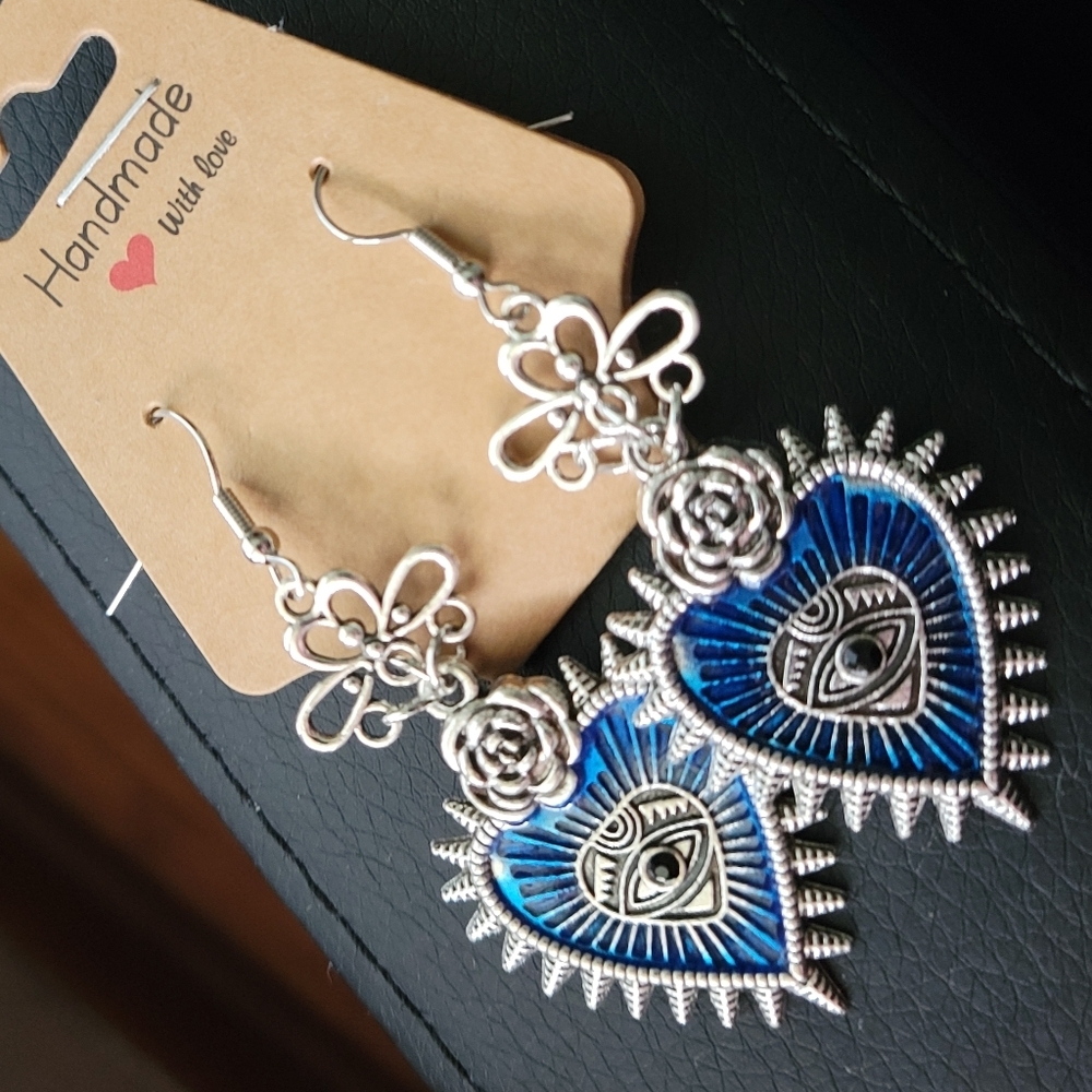 Spiked Blue Heart Eye Rose Handmade Earrings Punk Goth Emo Dangle Gothic - Picture 2 of 13